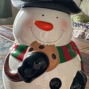 Festive Snowman Cookie Jar with Black Hat and Red Scarf